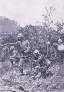 Natarcie sił brytyjskich w kampanii Aszanti w 1873 r., ilustracja z brytyjskich bitew lądowych i morskich, 1915 r. autorstwa Richard Caton Woodville junior