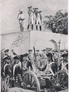 Bitwa pod Plassey, 23 czerwca 1757: Clive na dachu domku myśliwskiego Nawab Surat-ud-Daulah, ilustracja z brytyjskich bitew na lądzie i morzu, 1915