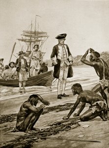 Kapitan Cook lądujący na Tasmanii, 1777, ilustracja z "Hutchinson