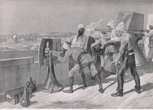 W drodze w górę Nilu: Strzelanie do derwiszów, ilustracja z brytyjskich bitew na lądzie i morzu, 1915 autorstwa Richard Caton Woodville junior