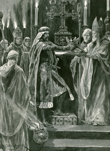 Ryszard I przekazujący koronę arcybiskupowi przed aktem koronacji autorstwa Richard Caton Woodville junior