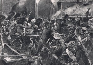 42. Górale wypędzający Francuzów z Elviny, ilustracja z „British Battles on Land and Sea”, wydanej przez Cassell, Londyn, ok. 1910