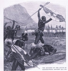 Natarcie Zulusów na Isandhlwana 22 stycznia 1879, ilustracja z brytyjskich bitew lądowych i morskich, 1915