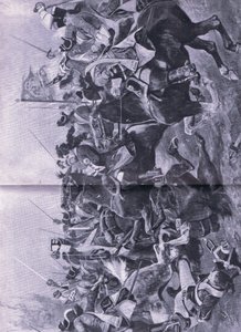 Konflikt kawalerii w bitwie pod Ramilles, 3 maja 1706, ilustracja z brytyjskich bitew lądowych i morskich, 1915 autorstwa Richard Caton Woodville junior