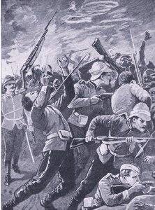Obrona Rorkes Drift, ilustracja z brytyjskich bitew na lądzie i morzu, 1915 autorstwa Richard Caton Woodville junior