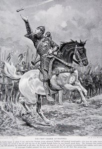Pierwsza szarża pod Hastings: Taillefer żongler mieczem minstreli jechał z szeregów, śpiewając i podrzucając miecz w powietrzu, 1066, ilustracja z „Hutchinson