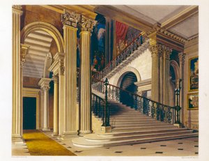 Klatka schodowa, dom Buckingham, z „Historii rezydencji królewskich”, rytowana przez Williama Jamesa Bennetta (1787-1844), autorstwa Williama Henry