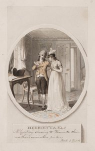 Pan Courtney pokazuje Henrietcie miniaturowe zdjęcie ich matek, księga 5, rozdział 4, ilustracja do wydania „Henrietty” Charlotte Lennox z 1798 r., ok. 1798 r. (ołówek i toaleta na papierze)