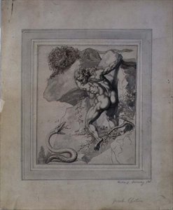 Człowiek uwięziony między lwem a wężem, ok. 1790 (długopis i brązowy tusz, szary pranie na papierze) autorstwa Richard Cosway