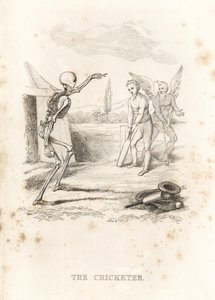 Szkielet Śmierci rzuca piłkę w krykieta na bat., 1827 (rycina)