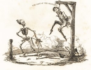 Winieta szkieletu i mężczyzny wiszącego na szubienicy, 1827 (rycina)