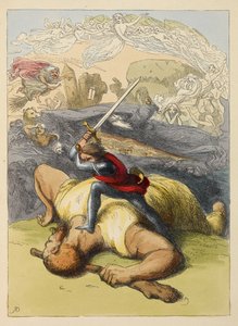 Jack stojący na ciele olbrzyma z uniesionym mieczem. Kolorowa ilustracja w książce dla dzieci. autorstwa Richard Doyle
