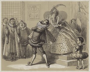 Uderzająca scena między królową Elżbietą i jej ulubionym Essexem (akwatinta) autorstwa Richard Doyle