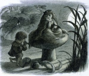 Wróżka wodna siedząca na grzybie jest zabiegana przez kochanka. W „Świat wróżek” Richarda Doyle autorstwa Richard Doyle