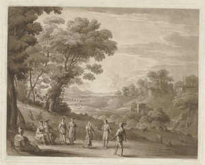 Krajobraz z tańczącymi postaciami Wydruki według rysunków Claude Lorrain (tytuł serii) Liber Veritatis (tytuł serii) autorstwa Richard Earlom