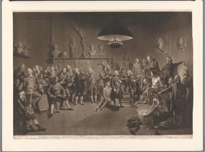Członkowie Akademii Królewskiej we wnętrzu z nagim modelem, 1768 Królewska Akademia Sztuk, ustanowiona przez króla w roku 1768 (tytuł na obiekcie)