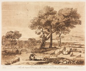 Liber Veritatis: nr 135, Krajobraz z budynkami, bydło kradnące rtęć Admetuss..., 1776. autorstwa Richard Earlom