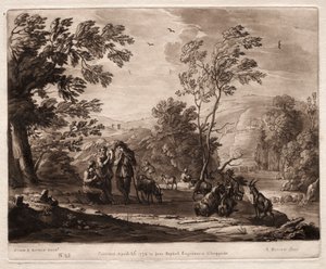 Liber Veritatis: nr 25, Pejzaż górski i leśny z pasterzami..., 1774. autorstwa Richard Earlom
