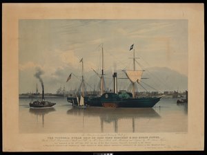 Ta płyta, z oryginalnego obrazu Warda, przedstawia statek parowy Victoria o ładowności 1200 ton i mocy 400 koni... zwodowany 20 czerwca 1837 roku... (akwatinta, kolorowana, płyta) autorstwa Richard G. Reeve