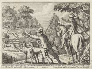 Herten nagejaagd drzwi jachthonden Coursing Fallow Deere (tytuł na obiekcie) Jachtpartijen (tytuł serii) Kilka sposobów polowania, łowienia ryb i wędkowania, według angielskiej manier (tytuł serii) autorstwa Richard Gaywood (possibly)