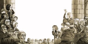 Chłopcy z rywalizujących szkół krzyczą na siebie podczas międzyszkolnych rozgrywek znanych jako "Diputacje autorstwa Richard Hook
