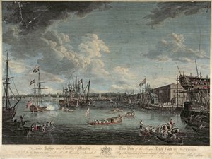 Widok Royal Dock Yard w Deptford, rytowany przez Williama Woolletta, opublikowany 1 lipca 1793 (kolorowa akwaforta)