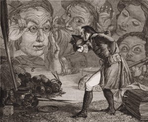 Podróże Guliwera Jonathana Swifta. Gulliver wystawiony na stole ku podziwowi mieszkańców Brobdingnag. Grawerowanie Redgrave.