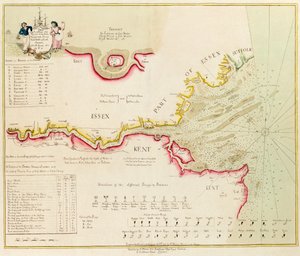 Mapa Tamizy od Londynu do Nore, Margate i Downs, kanały północny, środkowy i południowy, na podstawie pomiarów wykonanych w latach 1789 i 90 autorstwa Richard Stanier
