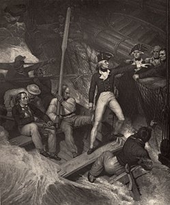 Porucznik Nelson zgłaszający się na ochotnika, aby wejść na pokład nagrody podczas gwałtownej wichury, ilustracja z „Życia Nelsona” Roberta Southeya (1774-1843) opublikowana po raz pierwszy w 1813 r. autorstwa Richard Westall