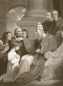 Książę Alfred przed papieżem Leonem III, rycina J. Stow, ilustracja z „Historii Anglii” Davida Hume