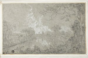 Brzegi rzeki Dee w pobliżu Eaton Hall, Cheshire, ok. 1759 (czarno-biała kreda na niebieskim papierze wykładanym, położona na kartonie) autorstwa Richard Wilson