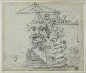 „Il Mascherone”, fontanna Rocaille na terenie Villa Borghese, ok. 1754 (czarna kreda, podwyższona białą kredą i grafitem, na niebieskim papierze wykładanym, ułożona na kartonie) autorstwa Richard Wilson