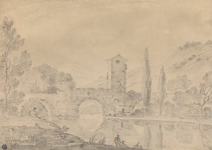 Włoski krajobraz z mostem z trzema łukami, mostem, figurami w pobliżu brzegu i topolami na dalszym brzegu autorstwa Richard Wilson