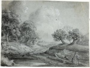 Pejzaż z kobietą i krowami (kreda czarna z pniakiem, podwyższona białą kredą, na niebieskim papierze wykładanym) autorstwa Richard Wilson