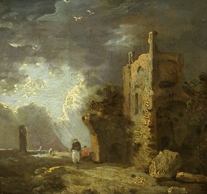 Zrujnowana wieża z figurą, ok. 1770-79 (olej na płótnie) autorstwa Richard Wilson