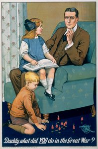 „Tato, co robiłeś w Wielkiej Wojnie”, brytyjski plakat rekrutacyjny, ok. 1940 r. autorstwa Riddle and Co Johnson