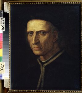 „„Portret mężczyzny””. Mężczyzna ubrany na czarno, o podłym spojrzeniu lub surowym (poważnym) wyrazie. Obraz Ridolfo Ghirlandaio (1483-1561) XVI-wieczna Regionalna Galeria Sztuki, Tambow, Rosja autorstwa Ridolfo Il  Ghirlandaio