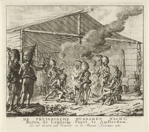 Huzarzy pruscy oczekujący w Leidse Poort w Amsterdamie, 1787 r. Huzarowie pruscy czekają, Przed Leijdsche Poort w Amsterdamie (...) (tytuł na obiekcie)