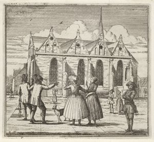 Mężczyźni i kobiety na placu w pobliżu Grote Kerk w Leeuwarden Zima. (tytuł serii) Sceny zimowe (tytuł serialu)