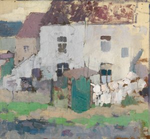 Białe fasady i ogród w Bosvoorde, Belgia (olej na płótnie)