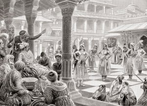Akbar grający pachisi lub chaupur z żywymi utworami w Fatehpur Sikri w 1575, z Historii Narodów Hutchinsona, wyd. 1915 autorstwa Robert (after) Dudley
