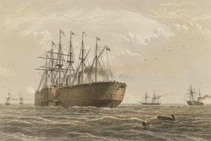 "Great Eastern" pod ciężarem 23 lipca (eskorta i inne wprowadzone statki to Terrible, Sphinx, Hawk i Caroline) autorstwa Robert (after) Dudley