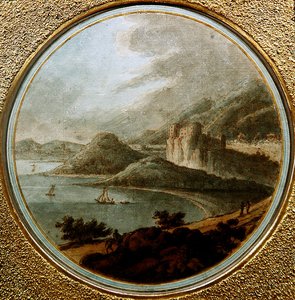 Zamek nad zatoką morską ze statkami, ok. 1775 (pióro i atrament z akwarelą na papierze) autorstwa Robert (attr. to) Adam