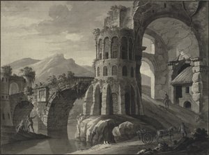 Fantazja architektoniczna. Ruiny antycznego mostu otoczone średniowiecznymi wieżami autorstwa Robert Adam