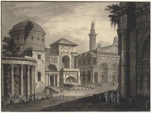Fantazja architektoniczna starożytnego miasta z placem i wieloma budynkami, częściowo w ruinach autorstwa Robert Adam