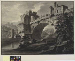 Fantazja architektoniczna z zabytkowym mostem nad rzeką i młynem wodnym na pierwszym planie autorstwa Robert Adam