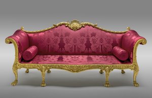 Sofa Dundas, zamówiona w 1764 r., wykonana w 1765 r. (pozłacana sosna i buk, z późniejszą jedwabną tapicerką) autorstwa Robert Adam