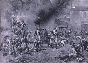 Obrona Hougoumont 18 czerwca 1815 r., ilustracja z brytyjskich bitew lądowych i morskich, 1915 r.