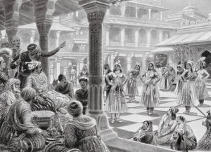 Akbar gra w warcaby z Living Pieces w Fatehpur Sikri autorstwa Robert Ambrose Dudley