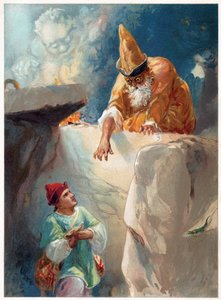 Aladdin and the Magician, ilustracja z książki „Once Upon a Time” wydanej przez Ernesta Mistera, ok. 1900 (kolor lito) autorstwa Robert Ambrose Dudley
